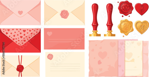 A collection of Vintage Love Letters Envelopes and Wax Seal Stationery Vector Set