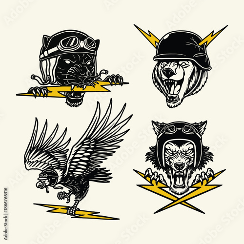 Bold animal biker characters featuring thunder motifs, ideal for logos, emblems, and retro motorcycle garage themes.