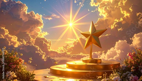 Golden Star Trophy on Pedestal Under a Radiant Sun with Dramatic Clouds.