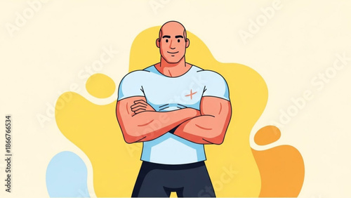 A confident muscular bald man standing with arms crossed wearing a light blue t shirt