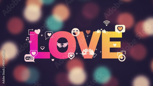 Vibrant colorful love text graphic with hearts and social media icons on blurred background