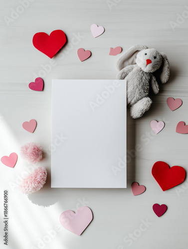 Blank white paper card with heart decorations and teddy bear flat lay AI generated