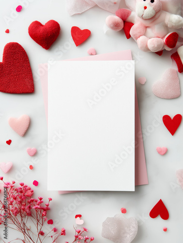 Blank white paper card with heart decorations and teddy bear flat lay AI generated