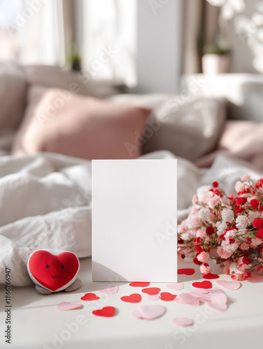 Blank white paper card with heart decorations and teddy bear flat lay AI generated