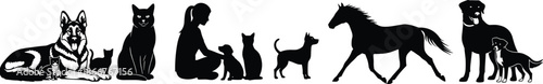 Pet animal silhouettes collection featuring dogs cats human horse puppy kitten black vector icons isolated white background design illustration set