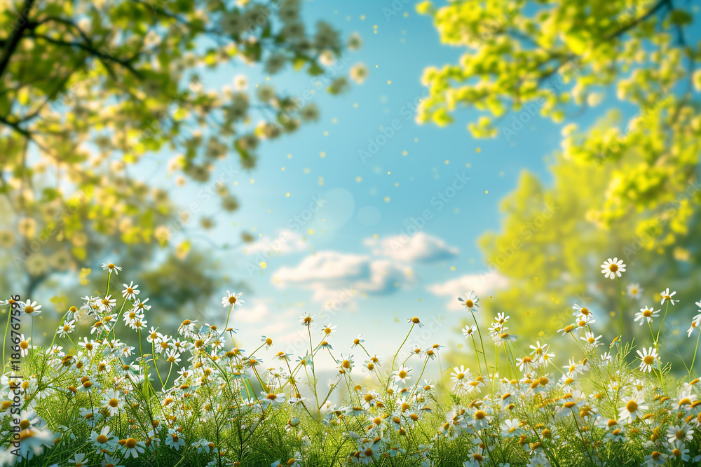 Fototapeta premium Dreamy Spring Landscape with Chamomile Field and Green Trees