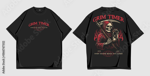 Grim Reaper Holding Hourglass Gothic T-Shirt Design with Skull and Scythe