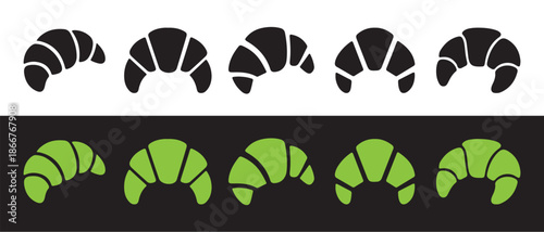 Croissant Icons Set. Black on White and Green on Black Background.