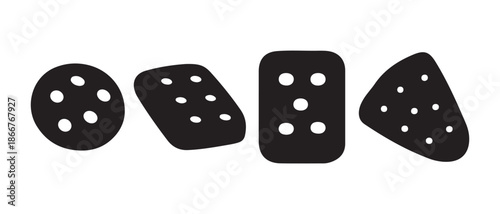 Collection of Black Dice Shapes with Visible Pips on White Background.