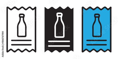 Bottle Icon on Receipt Sets. Line Art, Black and White, Blue Color Variations.