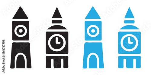 Big Ben Clock Tower Icons Set. Black and Blue Simple Vector Illustration.