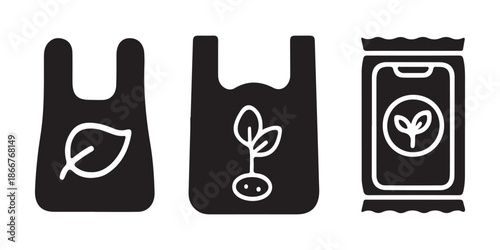 Eco-friendly shopping bags and seed packet icons, green lifestyle.