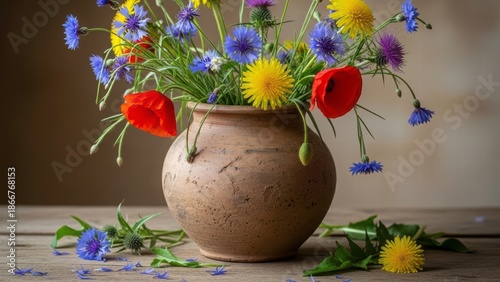 Floral Symphony in a Rustic Vase: A vivid bouquet bursts forth from a weathered clay vase, a colorful display of wildflowers, each petal whispering tales of nature's artistry.