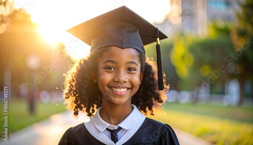 Young African American Girl in Graduation Cap and Gown Smiling Outdoors at Sunset.