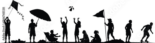 Beach summer activities people silhouettes playing relaxing flying kite umbrella volleyball skateboard illustration isolated white background vector design