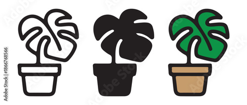 Monstera Plant Icons. Line Art, Silhouette, and Color Illustration.