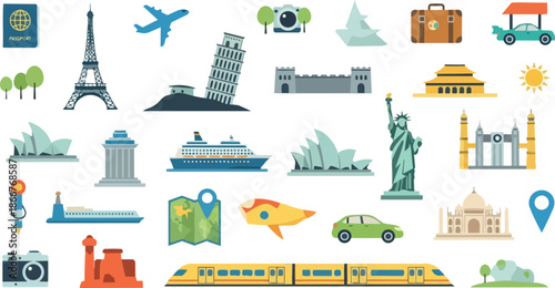 Collection of Famous Landmarks and Travel Icons.