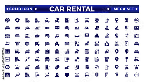 Car and rent simple, minimal, solid icons. Related car rent, repair, transport, and travel. Car dealer, vehicle, and automobile industry-related solid icons set.