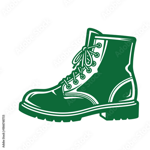 Green combat boot with laces and rugged sole on white background