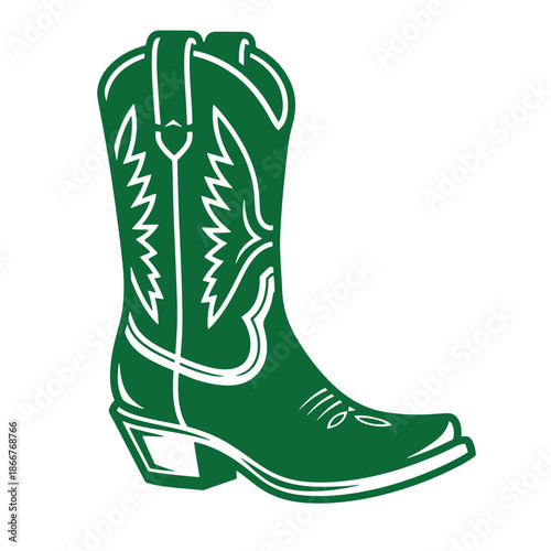 green cowboy boot with white outline and stitching details on transparent background