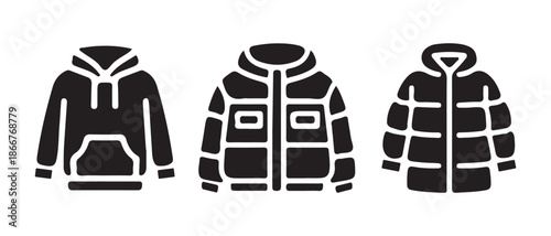 Winter Black Jackets Icons. Hoodie, Puffer, Parka Icons.