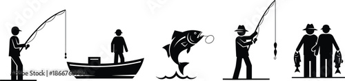 Fishing activity silhouette illustration showing anglers boat fishing jumping fish rods catch concept outdoor hobby sport vector design