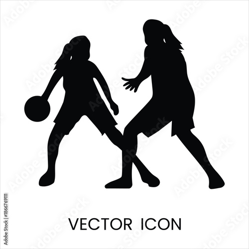 Two female basketball players silhouette, dribbling and defending, flat design vector illustration