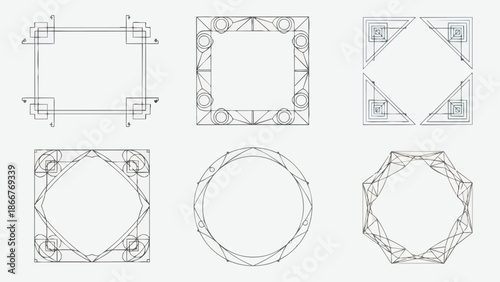 Collection of Six Ornate Geometric Decorative Borders and Frames.