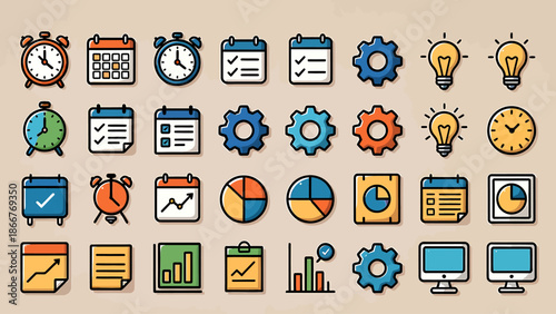 A vibrant collection of business and productivity icons, including clocks, calendars, charts, and settings, in a flat design style.
