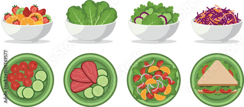 Vector illustration of healthy salad bowls and fresh vegetable plates isolated on white for nutrition and wellness themes.