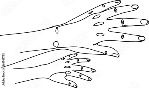 Minimal line art hands illustration showing adult and child connection care protection family bond simple outline vector design concept