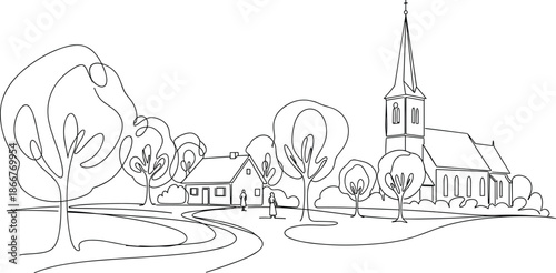 Minimal line art village landscape illustration with church houses trees pathway people countryside peaceful rural scene vector design sketch
