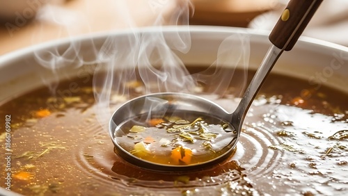 Steaming broth simmers in a deep pot with vegetables and a serving ladle