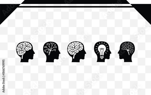 Five black silhouettes of human heads with different brain patterns isolated on transparent background