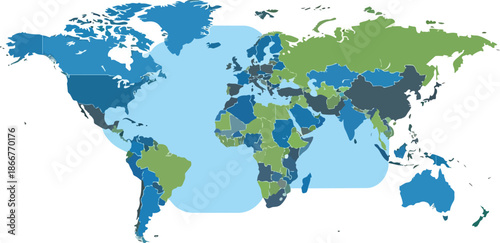 Colorful World Map with Continents and Oceans Highlighted.