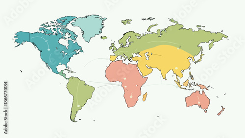 Colorful World Map Divided Into Continents and Regions.