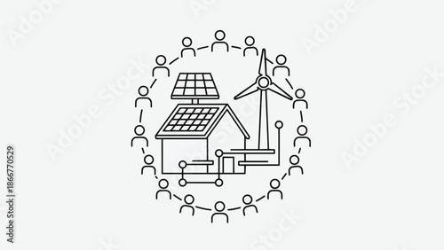 Community Renewable Energy Home With Solar Panels and Wind Turbine.
