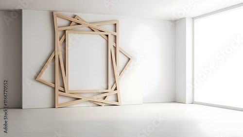 Minimalist Modern Interior Design with Abstract Geometric Wooden Wall Art and Bright Natural Light