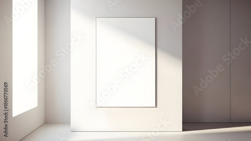 Minimalist Modern Interior Mockup with Blank Vertical Frame and Natural Sunlight