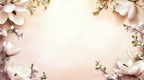 Elegant Floral Frame with White Magnolias and Soft Pastel Background for Invitations and Designs