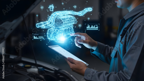 Auto mechanic using digital tablet with futuristic hologram car engine for smart diagnostic analysis in repair service workshop garage