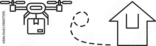 Drone delivering package to house with dashed line path.