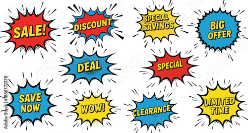 Collection of vibrant comic-style speech bubbles with sale, discount, and special offer messages for promotions