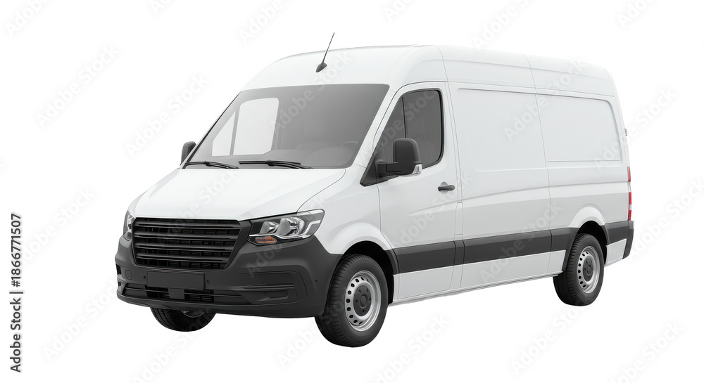 Fototapeta premium Pristine White Cargo Van with Black Accents, Frontal Perspective View.