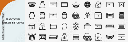 traditional baskets and storage containers outline icons, rural handmade vector