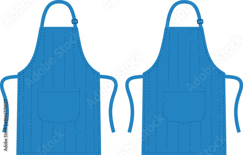 Vector illustration of professional blue aprons with pockets isolated on white for culinary and artisanal workwear themes.