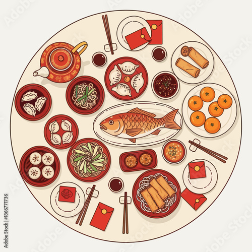 Traditional Chinese New Year Celebration Food on Round Table.