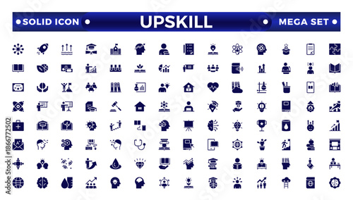 Set of solid icons related to upskill, upskilling, personal growth, development, education, and career. Solid icon collection.