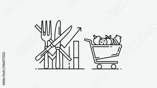 Food cost increase graph with shopping cart illustration.