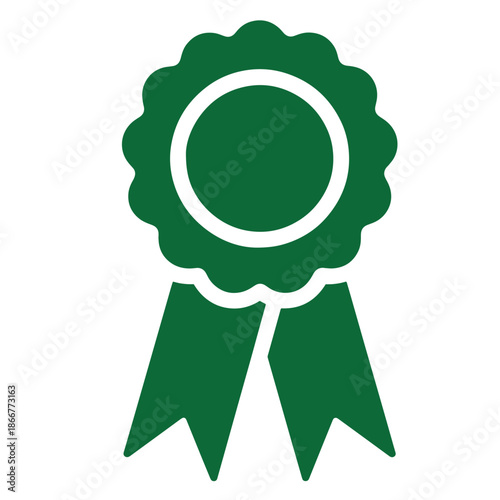 Green rosette ribbon award symbol with circular center and two tails  isolated on white background